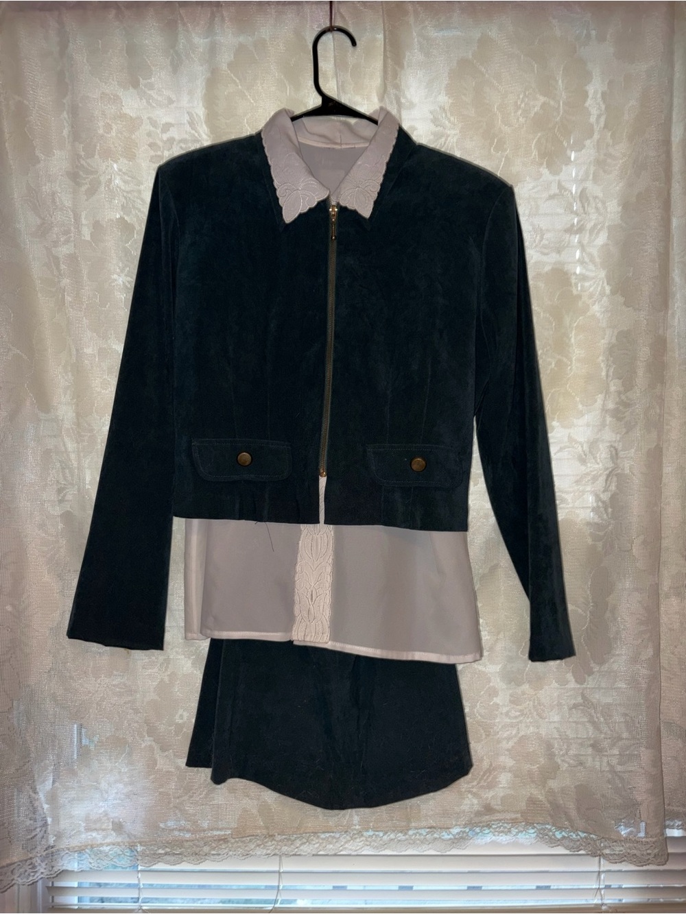 Dark green Velvet Two-Piece Skirt Set with white Blouse Detail